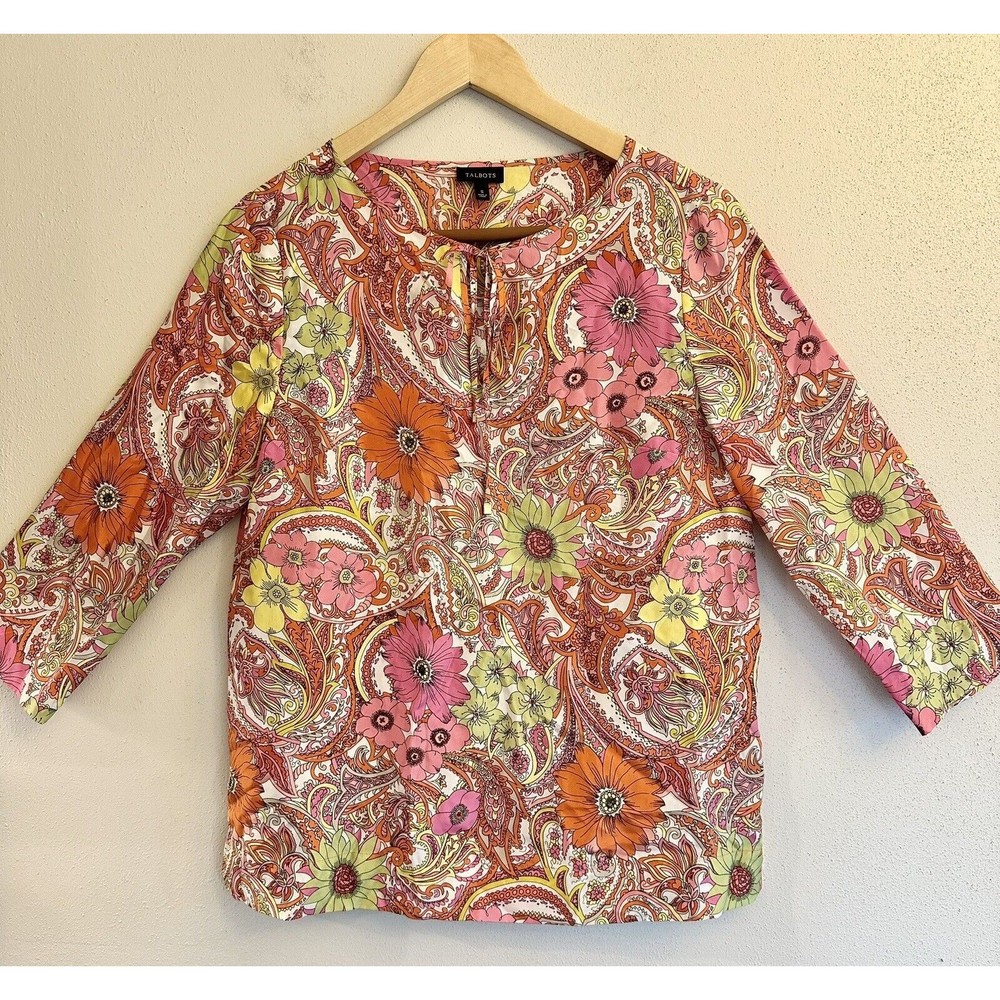 Talbots Women's S 100% Silk Blouse Pattern Floral Popover Keyhole Sz Small
